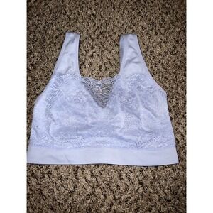 Rhonda Shear light‎ blue sports bra with lace overlay size large